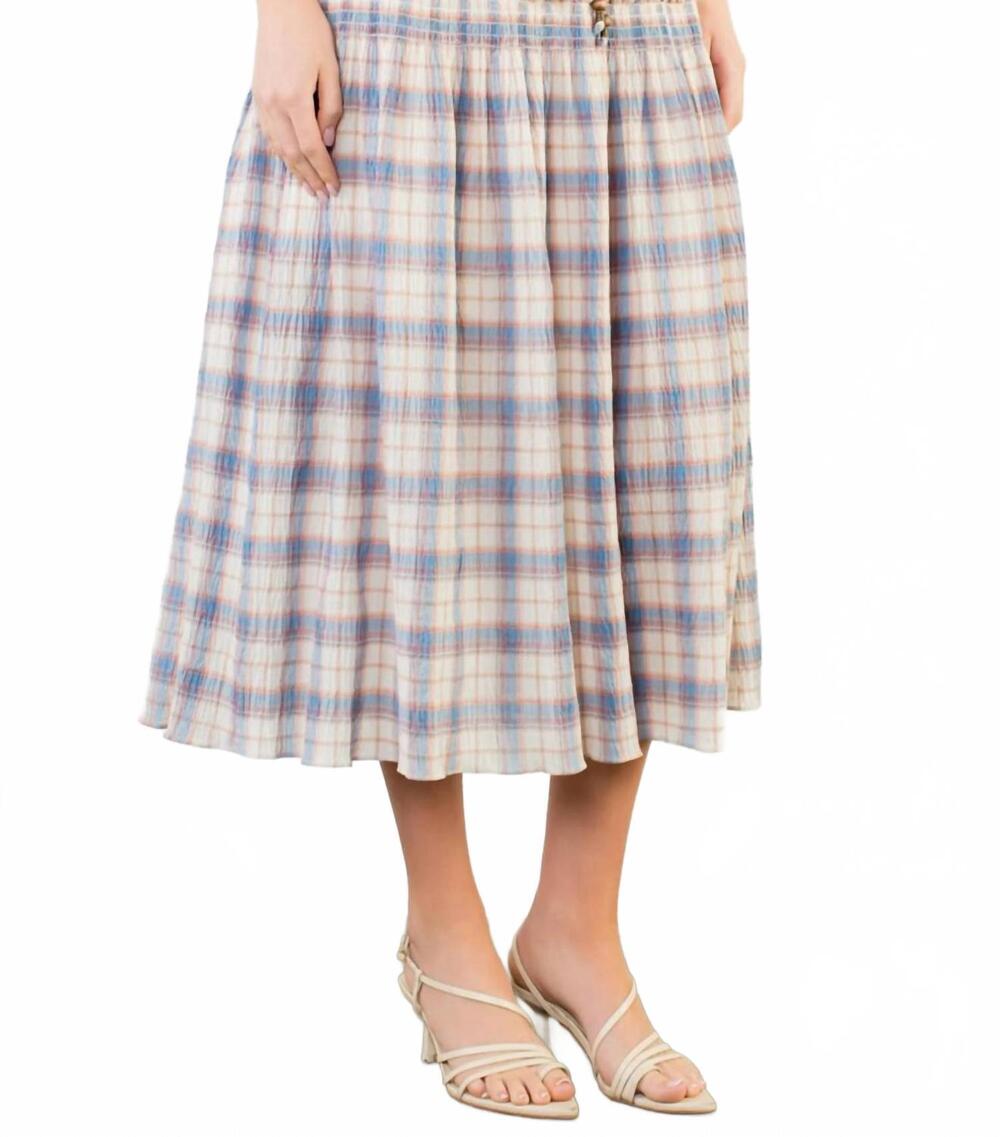 NEW THML smocked detail plaid skirt in blue/ brown